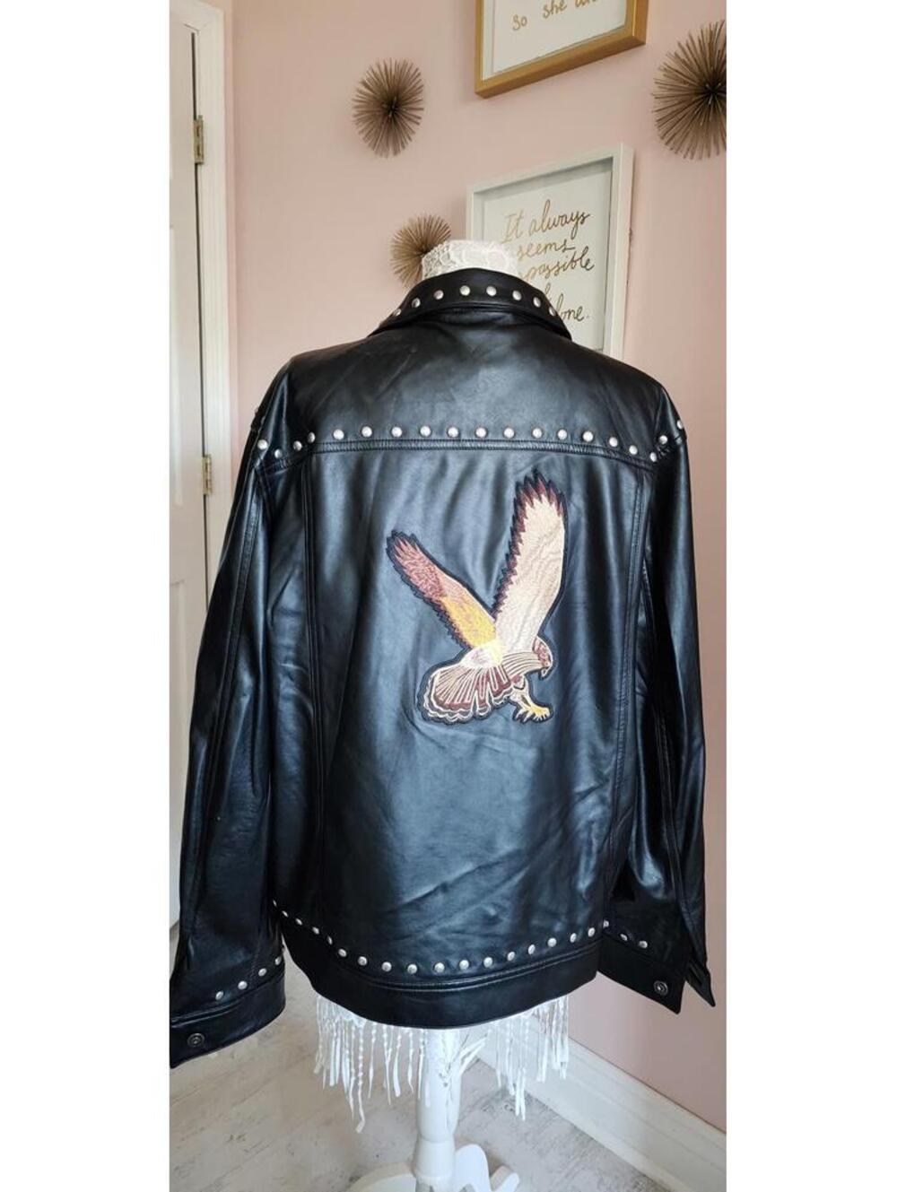 INC Men’s XL Black Faux Leather Studded Eagle Rose Embroidered Moto Jacket